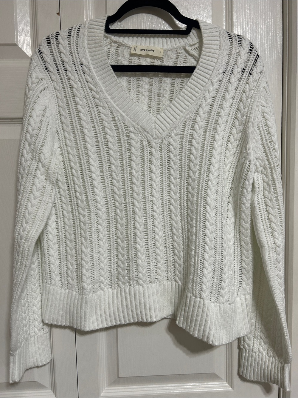 Everlane White Cable-Knit V-Neck Sweater